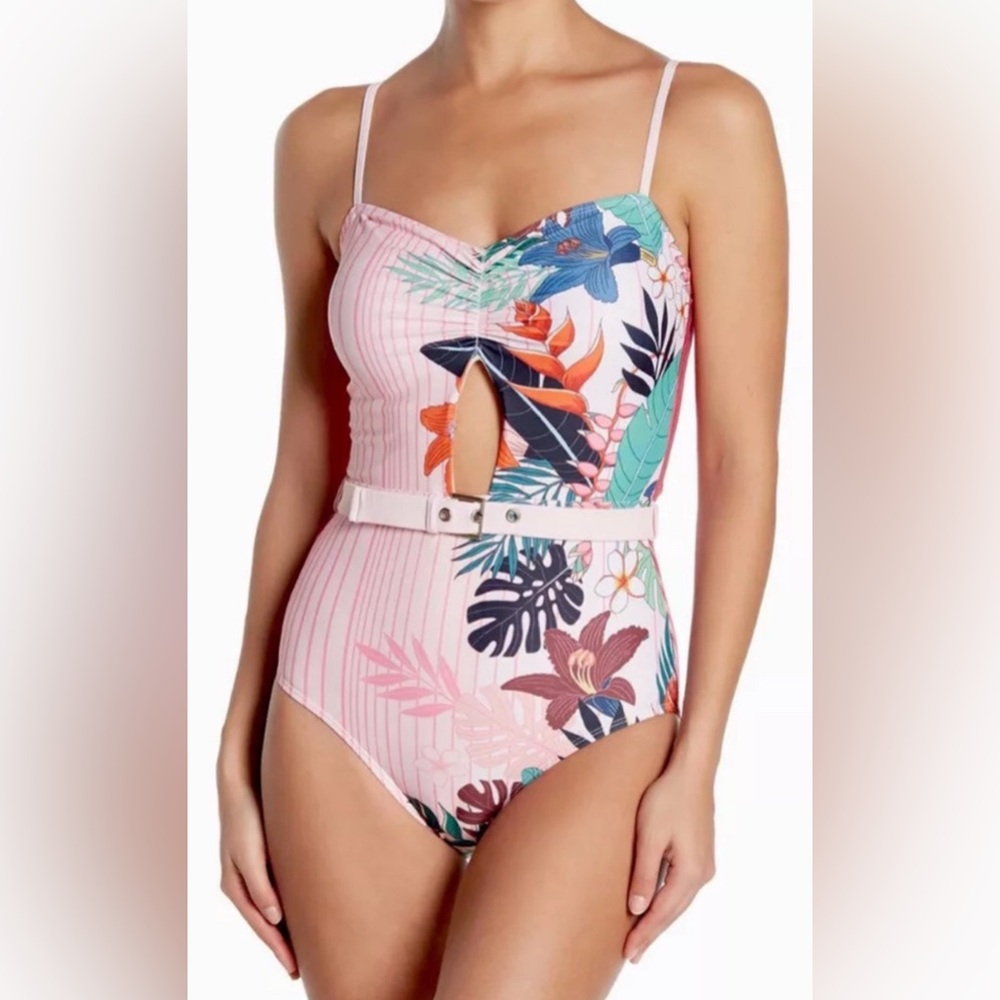 Nicole Miller Swimsuit floral with stripes belt at waist